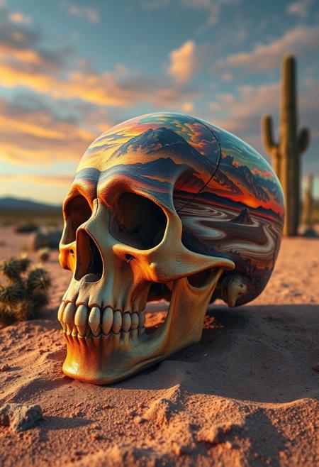 A human skull sits on the desert ground next to a cactus, its surface transformed into a canvas of vivid, western-themed art, tells the story of the sunset. The painting, rendered in exquisite detail, features the vast, sweeping expanse of the American West. Every brushstroke is meticulously captured, from the delicate, swirling patterns of the clouds to the tiny, shimmering sparkles on the sand. The overall effect is one of haunting, surreal beauty, as if the very essence of the American frontier has been distilled into this transformed skull, turning something once macabre into a masterpiece of western art. highest-Quality, intricate details, visually stunning, Masterpiece