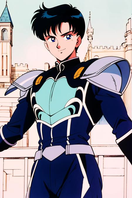 masterpiece,best quality,highres,<lora:Chiba Mamoru:0.7>,Chiba Mamoru,1boy,black hair,blue eyes,solo,retro artstyle,short hair,1990s \(style\),looking at viewer,smile,cowboy shot,castle,armor,shoulder pads,uniform,