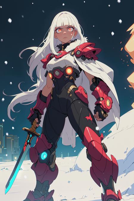 masterpiece, best quality, (masterpiece), (1girl), (solo focus), (detailed face:1.1), intimidating expression, glowing eyes, fur-trimmed cape, (long hair:1.1), white hair, blunt bangs, (futuristic cyberpunk:1.15) armor, oiled skin, (gleaming metal:1.1), standing, smoke, fighting stance, holding a sword made of light by the handle with her hand, (high detail), global illumination, (snow:1.1)