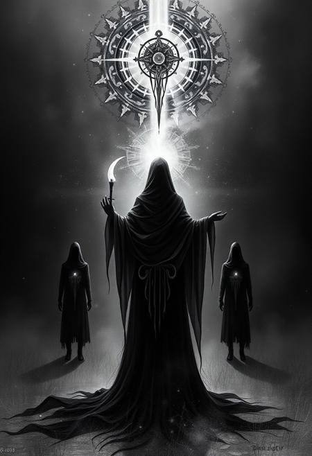 Back and face your distant destiny,, dark surrealism, monochromatic tones, mystical symbols, abstract forms, intense shadows, atmospheric textures, haunting figures, spiritual themes, minimalist compositions, introspective mood, ethereal glow, ritualistic elements, psychological depth, existential undertones, ghostly presence