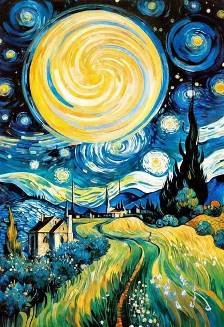 high quality, highly detailed, Imagine a dreamlike scene blending the swirling cosmic colors of Vincent van Gogh's Starry Night with the surreal celestial precision of Salvador Dal. In this cosmic dance, celestial bodies echo Turner's atmospheric touch, blurring the line between reality and fantasy, In the foreground, a fantastical creature takes center stage, blending the whimsy of Hieronymus Bosch's beings with the organic flow of Alphonse Mucha's art nouveau lines. Elements of H.R. Giger's biomechanical aesthetic add an otherworldly touch, by yukisakura, awesome full color,