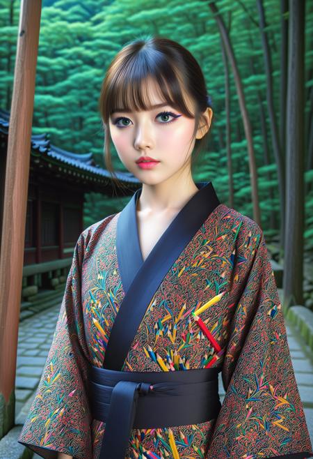masterpiece, best quality, ultra detailed, HDR, photorealism, sfw, A girl, black mini yukata, pretty face, (the patterns appear like layers of colored pencils:1.35), the girl looking at camera, landscape, nature, forest, japanese mountainside, night, HDR, pale skin, (black bold eyeliner, makeup:1.1334), very detailed radiant eyes, detailed lips, detailed face, cute, pretty, bangs, posing elegantly, in shinto temple, the backdrop should be of a forest, it should be at night, fullbody shot, spider_lilies, <Pencil_morph_style-000008:1.55>