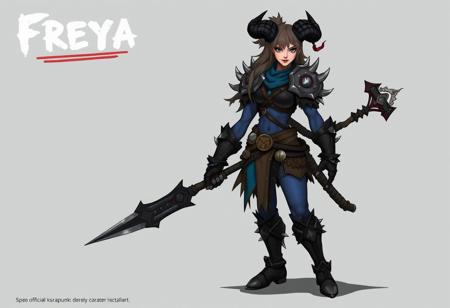 Generate official character concept art for a scrappunk, dwarven woman warrior inspired by Greg Staples, incorporating elements of a monk and a gnoll cleric. The character, named Freya, should be in a combat pose, wearing armor with spikes on the body and black horns instead of ears. The color scheme should be primarily blue and black. Provide the character art in the style of official character concept art, with a focus on detail and realism.