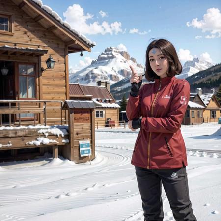 (snowy ski lodge, gorgeous view)
(cowboy shot), sfw,  (masterpiece), (best quality:1.0), (ultra highres:1.0), detailed eyes, detailed clothing texture, beautiful face, Jinora holding skis, winter ski coat, snow pants, goggles
blue-arrow forehead tattoo
 <lora:Jinora_TLOK_V2:0.6>