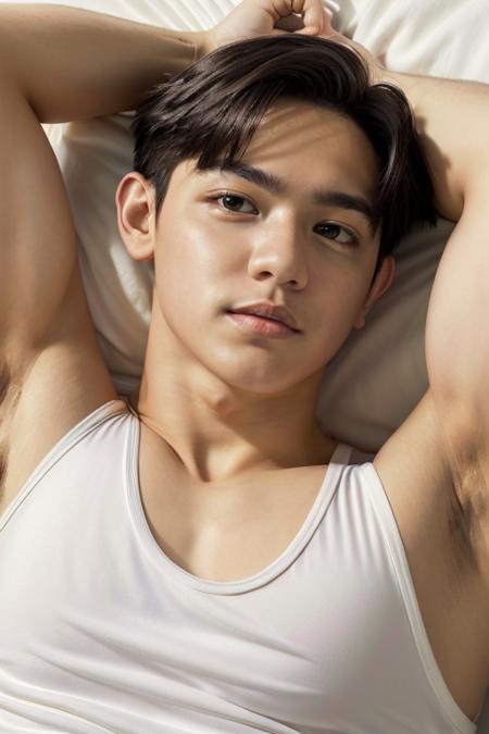 mark reyes, lying down, hunk, face, front upper body, armpits, tank top,  muscular  (absurdres, highres, ultra detailed) ((masterpiece)), ((best quality:1.1)), High Resolution, 8k,1boy, best quality, masterpiece, (photorealistic:1.4), 4k, high quality, masterpiece, best quality, highres, dynamic poses, realistic, mature male, looking at viewer,  <lora:mark-reyes-09 (1):1> <lora:photorealistic02:0.3>