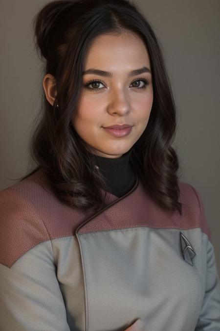 vulcan girl, 25yo, dark hair, (close up:1.4), red pcdst uniform, long sleeves, blurry, background, pointy ears,
<lora:STPicardUniforms:0.8>