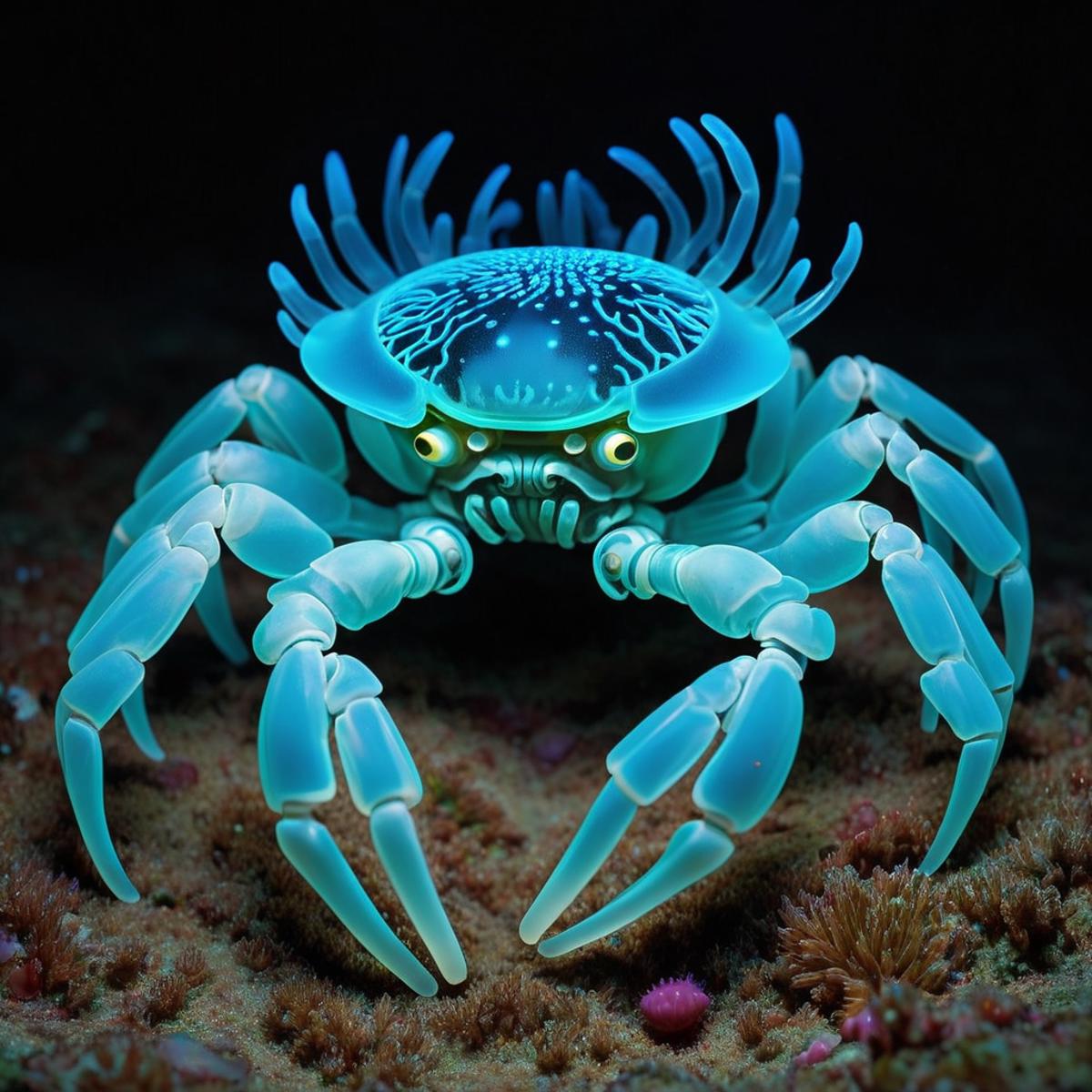 A brightly lit blue sea crab with a pink shell, sitting on a coral reef.