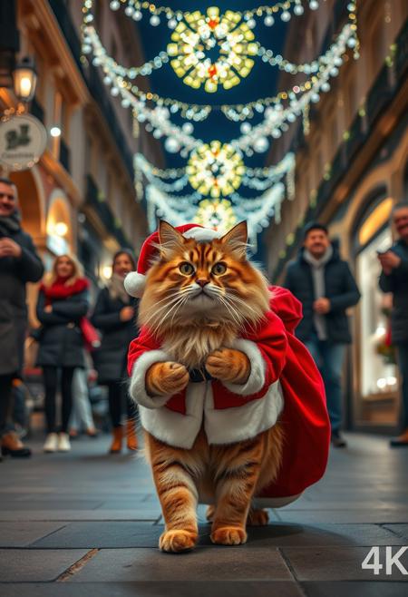 Low angle, static shot: A fluffy cat in a "charmantes" Santa Claus outfit walks down Calle de Francia at night, surrounded by glowing lights. People smile and watch happily as it carries gifts in its bag. The scene is captured in 4K, showcasing the festive joy. Christmas sounds fill the air, enhancing the warm, heartwarming atmosphere.