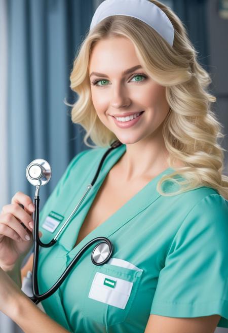 8K. UHD. (High details and aesthetics face:1.07), A beautiful blonde babe with white pantythose, blonde wavy hair until waist, green eyes, wide smile, breast, blue nurse uniform gown, lips, as a nurse who takes care of you for all night in a private hospital room, holding a stethoscope. (Professional illustration), Nurse POV, dynamic pose POV