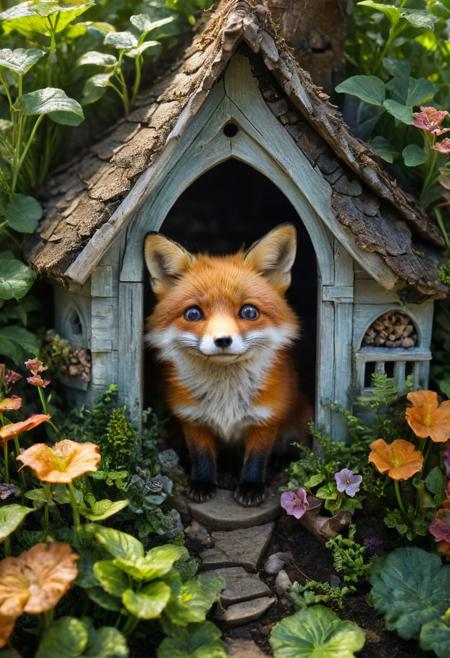 amazing quality, masterpiece, best quality, hyper detailed, ultra detailed, UHD, perfect anatomy, dof, portrait,  awesome, inspiring,  Expressiveh, realistic, high quality, 4K, absurd resolution, incredibly detailed, masterpiece, sharp, (too cute fox house garden:1.4), (so cute:1.4), big round eyes, cute eyes:1.4), happy, extremely detailed, no humans, extremely detailed scales, sunlight, realistic, high quality, detailed, shadows, glowing, bright colors, high contrast, vivd lighting, cinematic composition, soft shadows, national geographic style, (view from above)