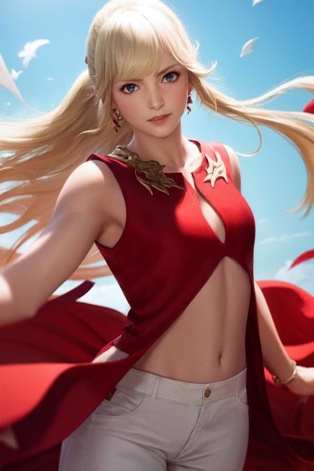 masterpiece, best quality, highres, 1girl, lyse hext, red dress <lora:lyse_hext:1> white pants, frilled dress, wind blowing