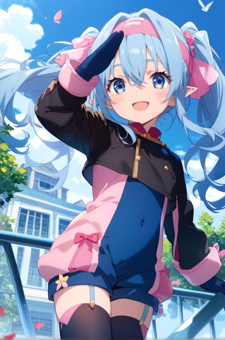 klan klein, blue hair, blue eyes,twintails, pink headband, hair ornament, pointy ears,  very long hair, white sleeve cuffs, bodysuit, blue gloves, black cropped jacket, long sleeves,  thighhighs, thigh boots, hair between eyes,