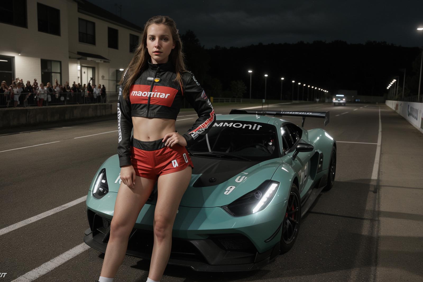 A woman posing next to a green sports car.