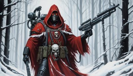 An upper body portrait painting of a tech priest standing in a snowy forest. He is wearing a long red tattered cloak and a hood that covers his face. He is holding a large gun in his right hand. His left arm is made of metal and ends in a claw-like hand. He has a mechadendrite coming out of his back and a skull embedded in his chest. His eyes are glowing green. 
<lora:tech_priest:1>