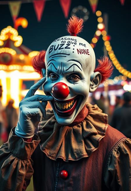 silly clown with bald spot on top of the head, dummy laugh face the clothing are dirty and detailed, red clown nose, white gloves, he points on the bald spot on the head, the writing on the bald head says: "Reasons to give me BUZZ: NONE" carnival in the background, vivid and bright art. dramatic lighting, HDR, masterpiece, trending on artstation, smooth, sharp,