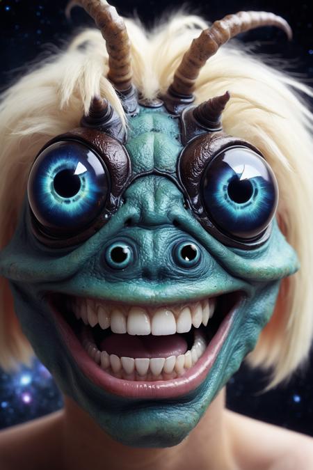 portrait of a beetle monster, human smile, human teeth,galaxy eyes, lips, blonde fur on head