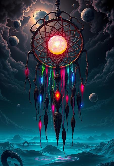 Visualize a gargantuan, biomechanical dreamcatcher suspended in a dark, surreal void, melding Claudio Aboy’s vibrant palette with H.R. Giger’s nightmarish intricacy. The dreamcatcher is constructed from alien, ribbed exoskeletons and sinuous, metallic tendrils, adorned with intricate, darkly organic patterns. Luminous, iridescent threads in electric blues, toxic greens, and blood reds weave through the structure, emitting a pulsating, eerie glow. At the center, a grotesque, opal sphere radiates beams of neon light, casting a sickly, phosphorescent hue across the surroundings. Beneath, an endless expanse of viscous, reflective liquid, swirling in deep indigos and unsettling purples, mirrors the biomechanical nightmare above. The sky is a macabre expanse of distorted, shadowy clouds in muted metallic tones, dotted with unsettling, glowing constellations and fragmented biomechanical shapes. From the dreamcatcher, a stream of pulsating, alien particles drifts downward, weaving through the oppressive, dark atmosphere.