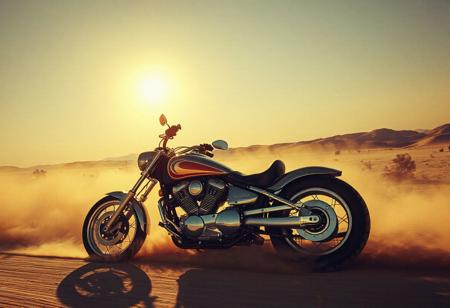 avant-garde, retro futurism , gold and chrome, california mojave high desert, noon, 1990s, robert T, techno style , motorcycle, crashing into dust trail