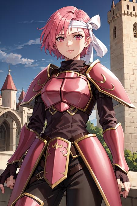 upper body,light smile,<lora:cecilV3:0.9>,cecil,armor, dark pink hair,white headband,armored boots, shoulder armor,fingerless gloves, pauldrons, gauntlets, breastplate,knee boots, greaves, pants,faulds,castle gate, outdoors,(masterpiece, best quality, ultra-detailed, best shadow)