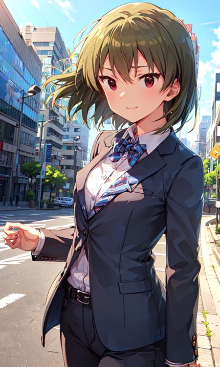 subaru nagayoshi (million live), (best quality, 8K, masterpiece, ultra detailed:1.2),
1girl, solo, cool, outdoors, (formal, suit:1.2), straight-on, shirt, belt, office lady, city, street, blurry background, wind,