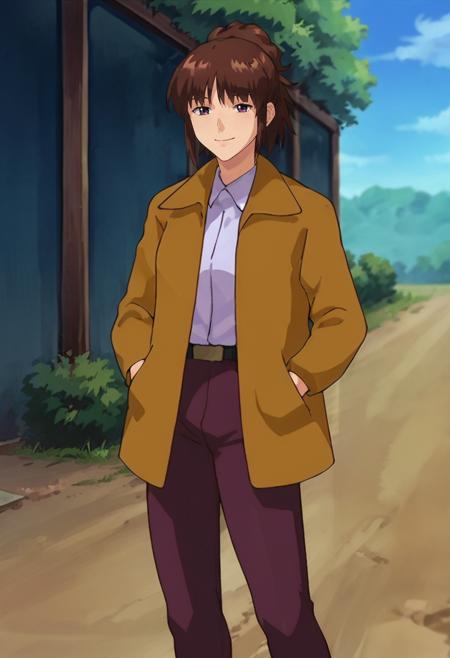 ayaset,1girl,solo,brown hair,purple eyes, long hair ponytail spiked hair very long hair collared shirt,yellow jacket,belt,purple pants, hair ornament,navyblue coat, hair ornament,bare shoulders,off shoulder,bodysuit,neck tatoo,neck ornament