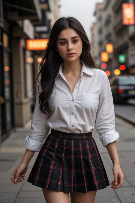 Art photography, tv_Yvette_Monreal_A_V1, ,nikon, scene, full body shot, walking through the street of a burning city, wearing a plaid skirt, wearing a white shirt, war torn, rubble, ruins, fog, night, detailed skin, epiCRealism, epiCPhoto,, wrinkles:0.2, pores:0.2, <lora:epiNoiseoffset_v2Pynoise:1> Masterpiece, Best Quality, ultrarealistic photography, real life, colorful, amazing, perfect lighting, bright colors, dramatic, dynamic, cinematic lighting, hyperrealism, intricate details, epic, <lora:LCM_LoRA_Weights_SD15:1>   <lora:detail_slider_v4:0.5>  ,