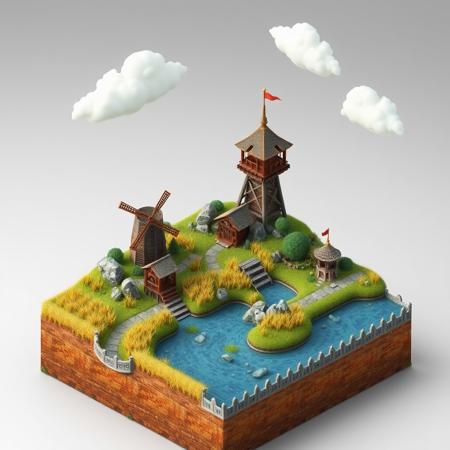 3D isometric mini world based on heroes of might and magic 3, homm3, river, watermill, wooden watch tower, wheat field, stone pathway, clouds