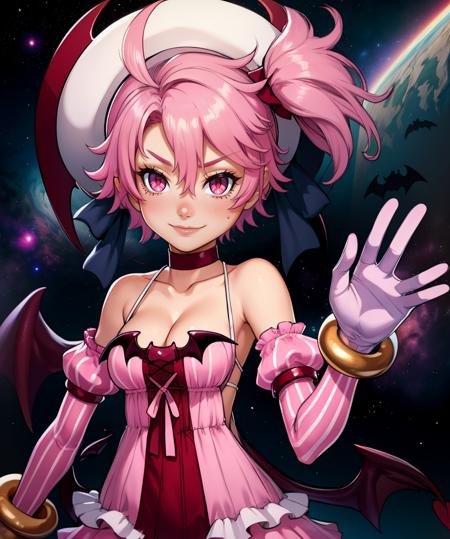 Majolene,pink hair,short hair,side ponytail,pink eyes,
standing,upper body,cleavage,smile,
gloves,choker,detached sleeves,dress,bracelet,tail,bat wings,demon tail,whit hat,
outer space,stars,
(insanely detailed, beautiful detailed face,  masterpiece, beautiful detailed  eyes, best quality),<lora:Majolene-10D6:0.8>,