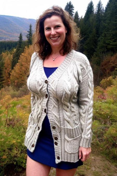 photo of christa, a cute slim girl, massive natural breasts, Mountain retreat, cozy cabin,  knit cardigan sweater, skirt
