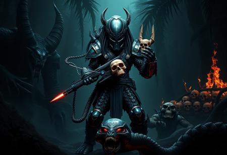 A fearsome grimdark warrior in intricate biomechanical armor inspired by Predator, stands center in a dense, shadowed alien jungle. It holds a plasma weapon and a bloody skull trophy. To the left, a looming twin-headed monster. To the right, a pile of fiery skulls. In front, a venomous serpent deity. Dramatic chiaroscuro lighting, volumetric atmosphere, central focus, Golden Ratio composition. Grimdark fantasy horror, Splash Ink Illustration, Octane Render, Unreal Engine 5. High detail, 8k UHD, trending on Artstation.