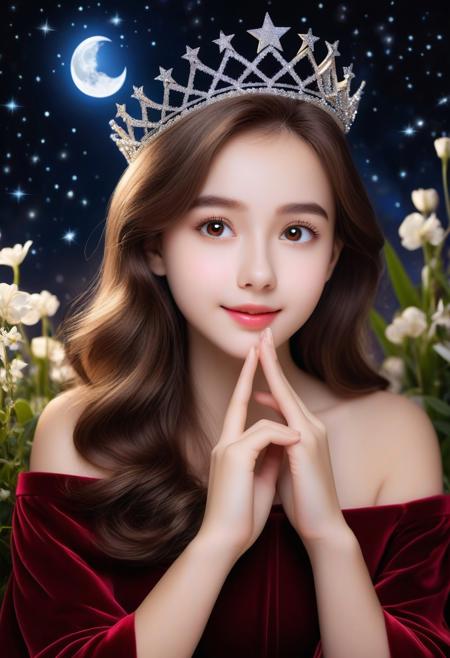 Creative compositon. Realistic style. (relaxed hands and thin hands fingers too:1.10), (she touches the star with one index finger hand:1.10),  (five fingers:1.10), AI_girl dolls, 2girls, (different girls:1.20), european ethnicity, (long princess velvet red dress with gown:1.10),(visible eyes, nose and mouth:1.10) princess, oval face, (beautiful sparkling preciosu princess crown:1.10), (night time with shooting stars:1.09), and (one full-moon:1.05), (moon rays on her :1.09), a beautiful cute princess by the (flowing long wavy brown thick hair:1.10), and (cute brown eyes:1.05), assymetric eyes, (two eye iris:1.05), perfect eyes, (blunt bangs:1.05), she looks at you, wide smile, mouth open, (cute behavior:1.05), shy and pure (blushing:1.05), (luxury manor behind her:1.10), she's in her garden with beautiful flowers. Beautiful composition illustration. (Visible background:1.10), (visible image:1.15) fashion_theme trending. 
BREAK Absurd, masterpiece, artwork, trending, trendy, (23 years old) BadDream, natural skin texture & pores. RAW photo, high detailed skin, 8k, dslr, soft lighting, film grain, epic composition, Fujifilm XT3, Canon R5, film, moviem magic. (amazing cute SFX:1.15). (american piano shot:1.10).
--notwins --nosolo