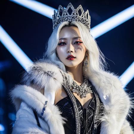 (soyeon:1.3), a woman dancing on the stage in a concert, gothic makeup, wearing a closed long fur vest and a small silver tiara and big a fur collar, dramatic lighting, beautiful face, beautiful model body, wallpaper, intricate, sharp focus, ray tracing, rtx, well drawn, masterpiece, ultra detailed, high quality, top quality, best quality, 4k, 8k, raw,<lora:soyeon_v10:0.6>, <lora:add-detail-xl:4>