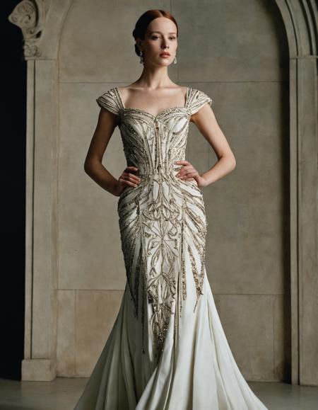 Renaissance style <lora:Alexander McQueen-art deco:1>,Alexander McQueen,art deco,dress,standing, full body,, hair, forehead, eyebrows, eyes, nose, lips, neck, collarbone, . Realistic, perspective, light and shadow, religious or mythological themes, highly detailed