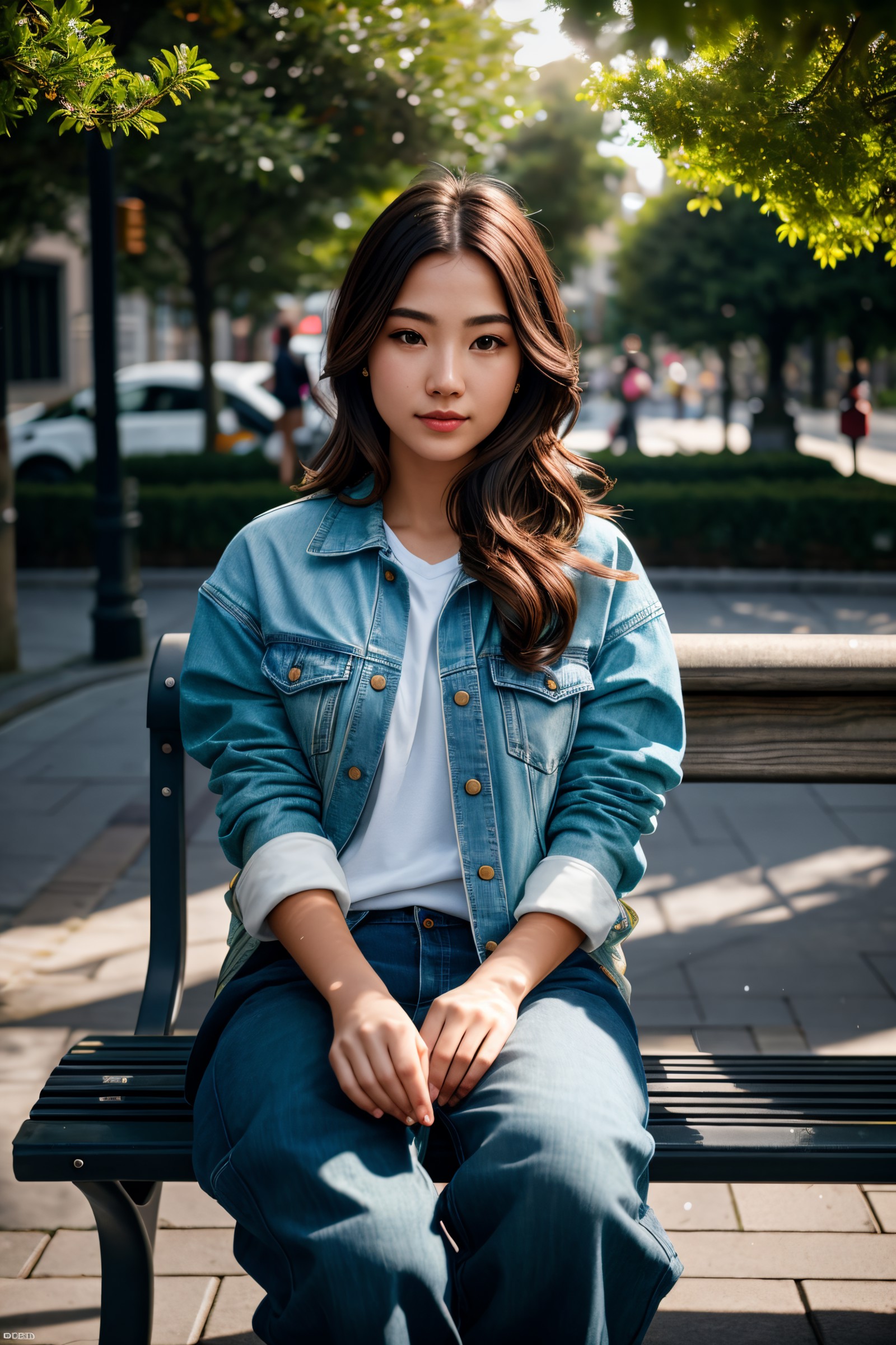 Medium format photorealistic highly detailed 8k photography, (Plain young woman with casual street wear sitting on park be...