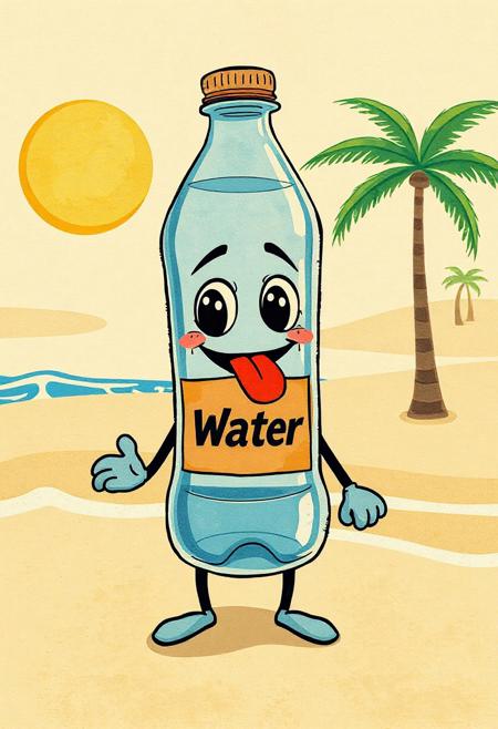 A vintage cartoon-style water bottle character, half-empty, standing on a sandy beach under a blazing sun. The bottle has simple anthropomorphic features: big expressive eyes, a cartoon mouth with its tongue sticking out from the heat, and skinny rubber hose limbs (just black lines with simple mitten-like hands and oval feet). It looks exhausted and slightly melting, droplets of condensation dripping from the glass. Background shows stylized waves and palm trees in 1930s animation style. The whole scene has a grainy, hand-drawn look, with watercolor textures and muted vintage colors. The character’s label is faded and wavy, adding to the retro charm. Include film grain and flicker effects to mimic an old cartoon reel.
