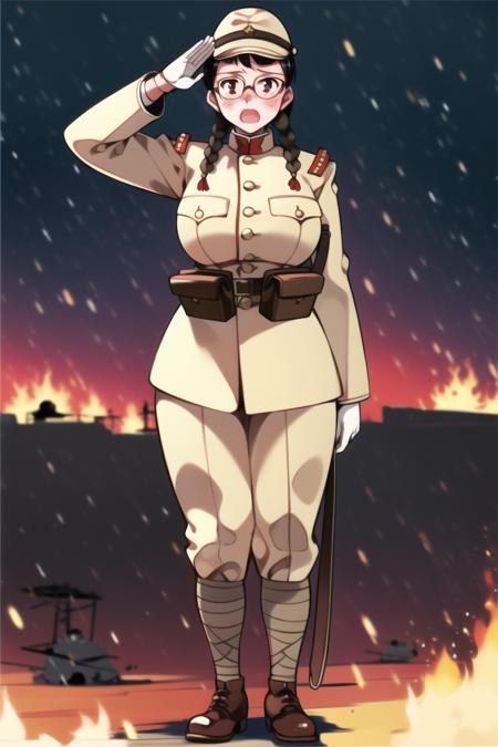 masterpiece, best quality, absurdres, high resolution, extremely detailed, 1girl, solo, right hand up, salute,  looking at another, looking away,  standing,  ((IJA Taisho, khaki uniform, IJA  soldier,)), field cap, leg wrappings,leg_wrap, infantryman's puttee, brown shoes large breasts, wide hips,   narrow waist,  black hair, twin braids,  glasses, round eyewear, worried, open mouth,  full-face blush,  holster, leather belt pouch,  burning chinese village,  ruined , ruined street, on fire, night sky, <lora:IJAuniform-v0:0.9> <lora:ooyari-style_v1.0:0.6>