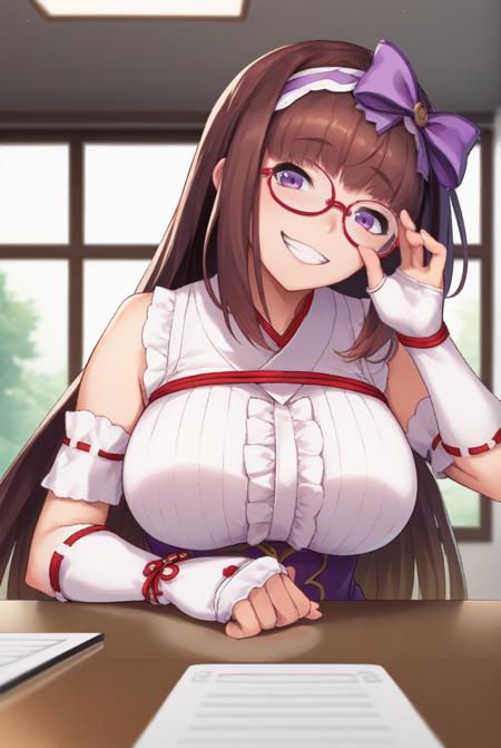 Osakabehime_Default, purple eyes, brown hair, very long hair, hair bow, gradient hair, glasses, red-framed eyewear, semi-rimless eyewear, hairband, frilled shirt, purple skirt, hooded cloak, arm warmers, fingerless gloves Osakabehime_Swimsuit, purple eyes, brown hair, very long hair, hair bow, gradient hair, swimsuit, bikini, pink bikini, goggles, goggles on head, pink scarf, thigh holster, thigh strap