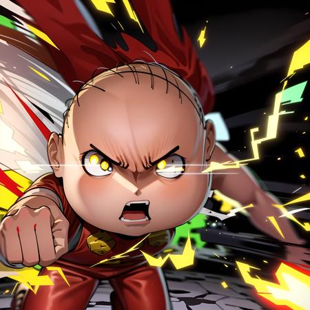 ((masterpiece, best quality)),(complex light), 1boy, solo, baby, stewie griffin, <lora:TheGooder_Stewie_Griffin1-1:0.6>, yellow shirt, red overalls, jumping, glowing eyes, lightning bolt, lightning eye trail, dynamic pose, punching, torn clothes, serious, angry,<lora:flamingEyeConcept_flamingEye:1>, glowing hands, debris background,energy around punch, charged punch,