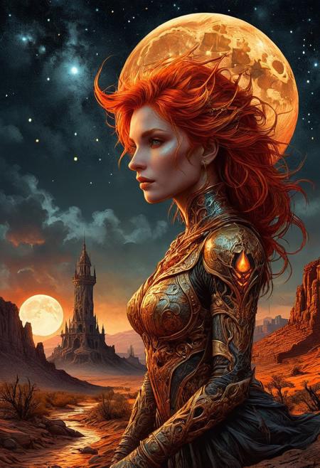 roots should be deeply embedded into rocky terrain, symbolizing its ancient existence. Draconic traits to draconic human woman with reddish orange hair, draconic claws, landscape the moon’s a tower in a desert, intricate details, (all dark hues and fine vibrant orange glowing smoldering accent and shiny gold color scheme:1.02). glossy.
<lora:InkArtXL_1.2:0.4> <lora:FaeTastic:0.35> . award-winning, professional, highly detailed . extremely high-resolution details, photographic, realism pushed to extreme, fine texture, incredibly lifelike, high contrast, well defined .
