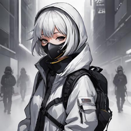 anime, (1girl, helmet, hood, solo, spacesuit, short_hair, bangs, jacket, upper_body, white_hair, bag, blurry, coat, grey_eyes, mask, blurry_background, backpack, zipper, mouth_mask, covered_mouth, urban techwear, outfit
