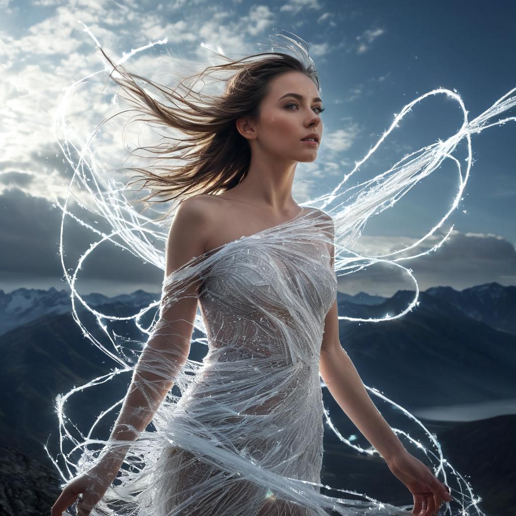 long shot scenic professional photograph of A hyperrealistic portrait of a woman whose body is being torn apart by invisible forces, her skin stretched and distorted into long, glowing strands that float in the air around her. Her face is frozen in calm detachment, despite the chaos of her disintegration. Her eyes are radiant, glowing orbs of pure white light, and her hair has been stretched into thin, glowing threads that spiral and twist into the sky. Behind her, the background is an abstract world of swirling, invisible winds that rip apart the landscape, pulling everything into thin, glowing strands., perfect viewpoint, highly detailed, wide-angle lens, hyper realistic, with dramatic sky, polarizing filter, natural lighting, vivid colors, everything in sharp focus, HDR, UHD, 64K