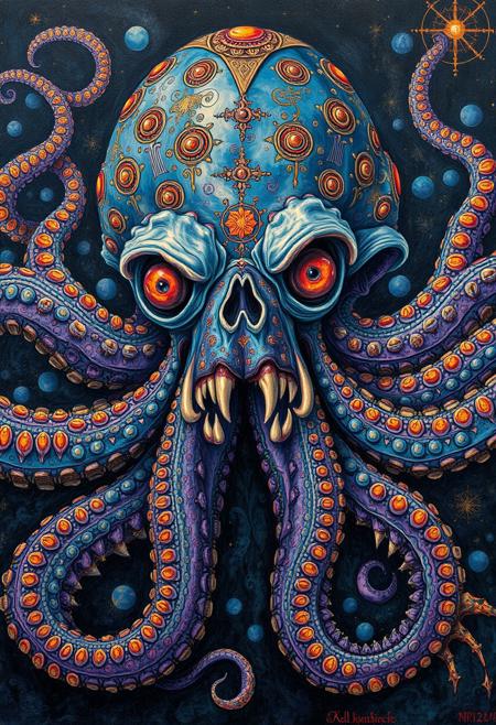 Historical medieval painting of a cosmic horror octopus with thousand teeth.  Highly ornamental abstract psychedelic style. Eerie, serious, adult, malicious atmosphere. Highly intricate, sharp and dirty oil painting. Vibrant shades of blue, purple, and orange.