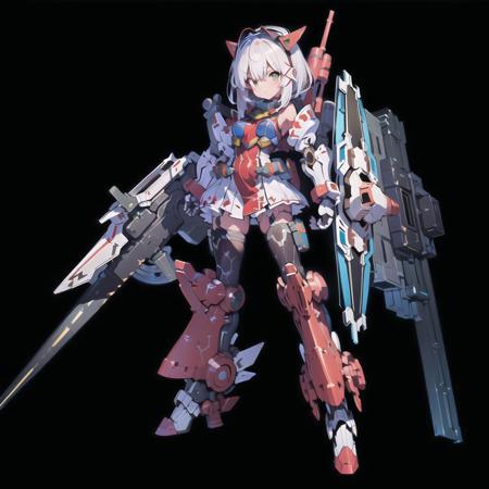 1girl,mecha musume,solo,(Axisymmetric:1.4),(big leg:1.5),weapon,red,looking at viewer,full body,breasts,holding weapon,holding,very huge gun,holding Very large shield,msgirl girl,<lora:msgirlv3_b:1>