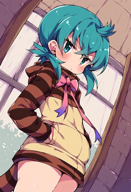  tsuchinoko (kemono friends) hoodie, striped hoodie, pocket, hood, long sleeves, neck ribbon, pink ribbon, striped tail, snake tail, striped hoodie, aqua hair, aqua eyes, short hair, 