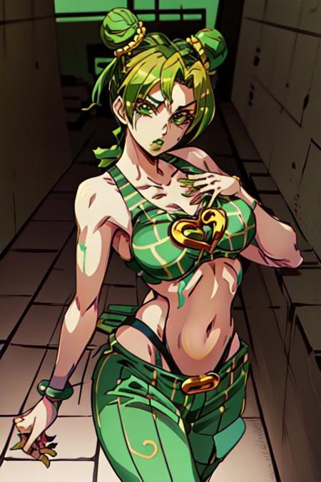 Solo, Jolyne Kujo from JoJo's Bizarre Adventure, high resolution, detailed, , 2 hands, 2 legs, 5 fingers, thick hips, anime background, detailed fingers, green top, green pants, green lipstick