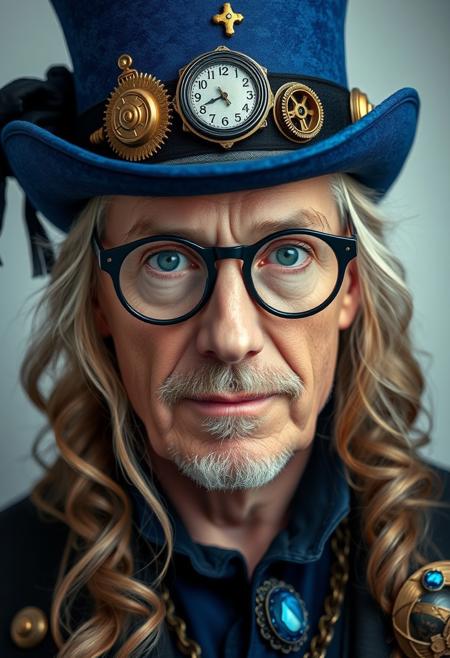 Steampunk portrait. Layout: Close-up shot. Subject: A mature man with fair skin and long, wavy hair, wearing a blue top hat adorned with intricate brass gears, a clock, and black fabric. The person has striking green eyes and wears unique, ornate glasses with a leaf-like design. The attire includes blue and black clothing with large, blue gemstone accessories. The background is a soft, light gradient, keeping the focus on the subject's detailed and expressive facial features.