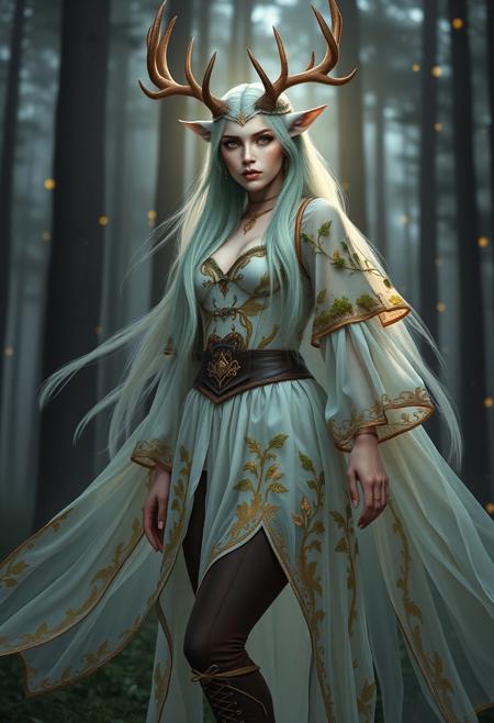 Hyper-realistic fantasy woman with deer-like features. Long, flowing pale mint-green hair cascading past waist. Large, expressive golden eyes with vertical pupils. Soft, pale skin with a subtle ethereal glow. Prominent deer antlers growing from head, intricate and brown with moss and small leaves. Pointed ears visible through hair.
Wearing an elaborate, flowing dress: white base with golden overlay featuring intricate nature-inspired patterns. Multiple layers of diaphanous fabric creating a ethereal effect. Wide, draping sleeves. Dark brown leather corset cinching the waist, adorned with golden buckles and leaf motifs.
Dark leggings visible beneath the dress. Brown leather boots with golden accents, laced up to mid-calf.
Delicate golden jewelry: thin circlet around forehead, intricate earrings, and multiple rings on fingers.
Serene, slightly melancholic expression. Soft lighting from behind, creating a halo effect around her silhouette.
Background: Misty forest at twilight, tall dark trees with glowing fireflies.
Pose: Standing three-quarter view, one hand gently raised as if beckoning.
Style: Photorealistic digital painting with meticulous attention to texture and lighting, emphasizing the fantastical elements within a realistic framework.