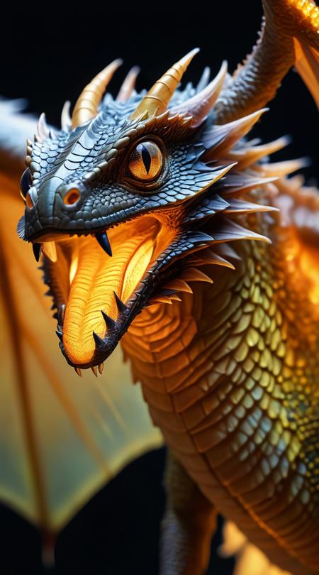 extreme close-up of a firefly dragon, scales crackling with static light, wings a transparent canvas for the dance of light within.