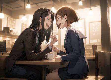 2girls, laughing, cafe, facing another, lively atmosphere
BREAK
<lora:kanamori-000028:1> kanamori, eyewear on head, freckles,
BREAK
<lora:tsubame-000031:1> tsubame, serafuku, pleated skirt