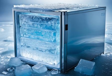 Insanely detailed portrait of A Freezer That Has A Desktop Computer Frozen In A Block Of Ice